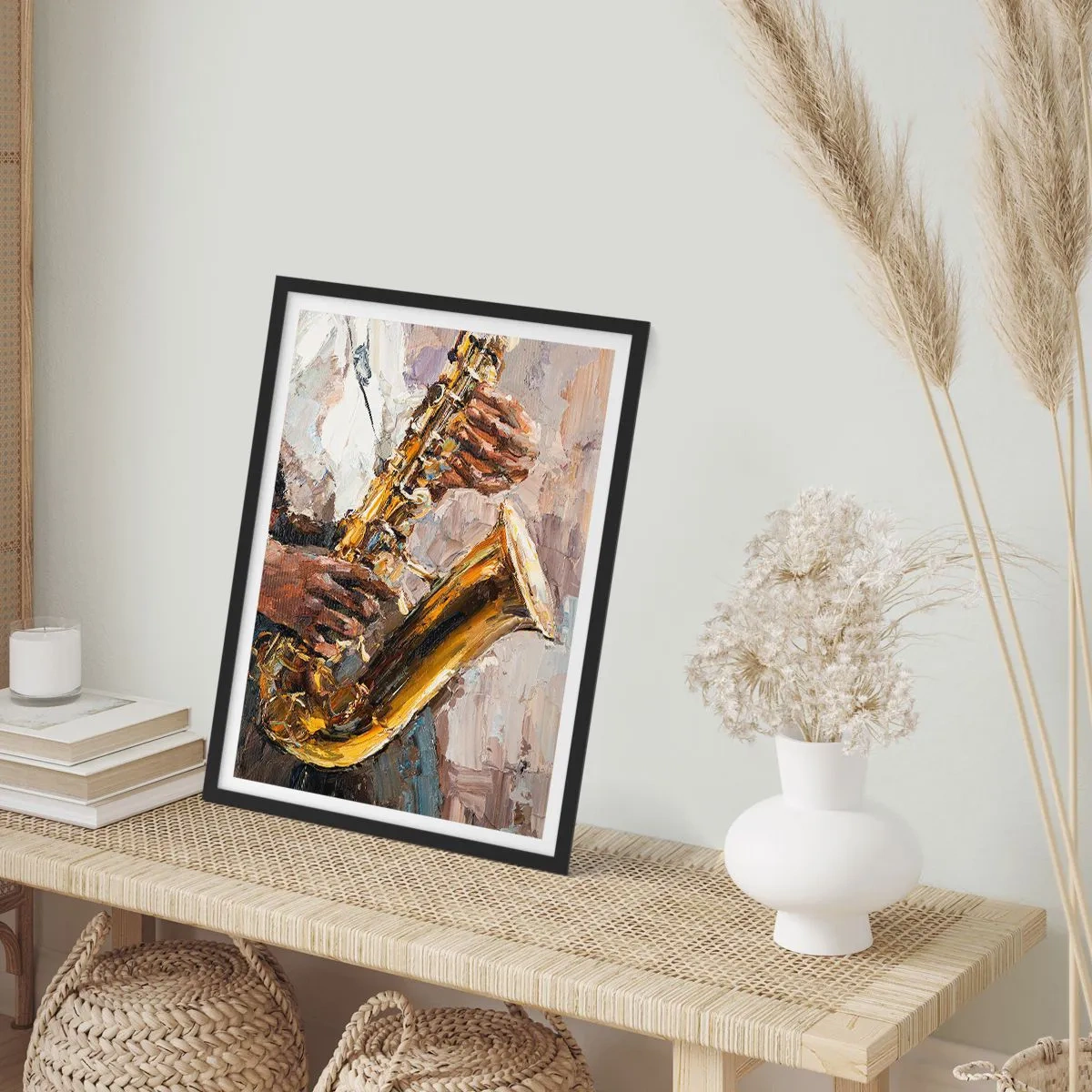 Poster in black frame - A saxophonist playing in an artistic painting style - 50x70cm - Time for a Solo - Modern wall decoration for the living room and bedroom ARTTOR