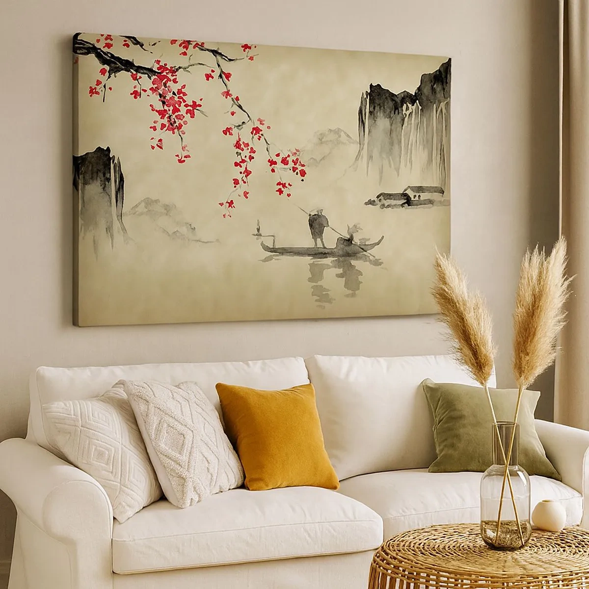 Canvas picture - Oriental illustration with a boat and a flowering branch - 70x50cm - In Cherry Blossom Country - Modern wall decoration for the living room and bedroom ARTTOR