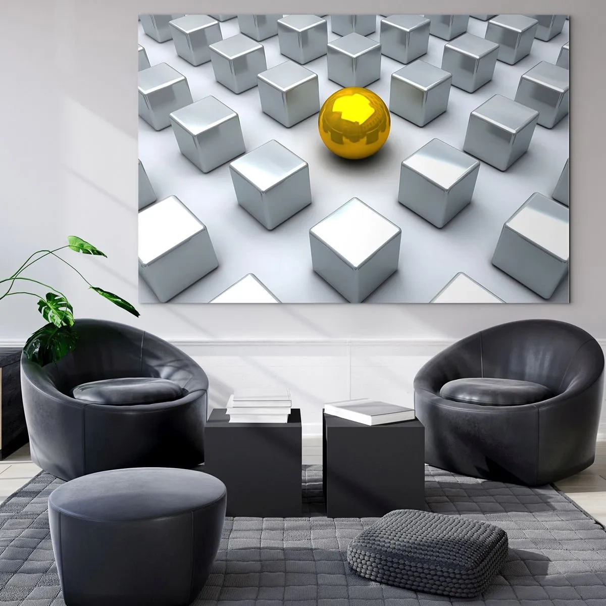 Glass picture - A golden sphere surrounded by silver cubes - 70x50cm - Why Me? Geometric Composition. - Modern wall decoration for the living room and bedroom ARTTOR