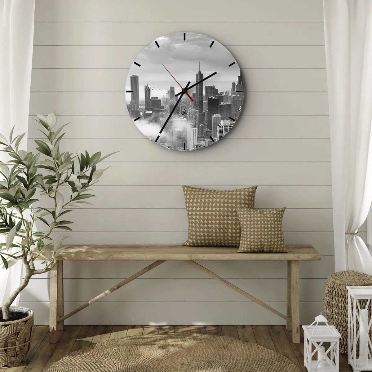 Wall clock - Clock on glass - Black and white city panorama with skyscrapers and fog - 30x30cm - American Landscape - Modern wall decoration for the living room, kitchen, and bedroom ARTTOR