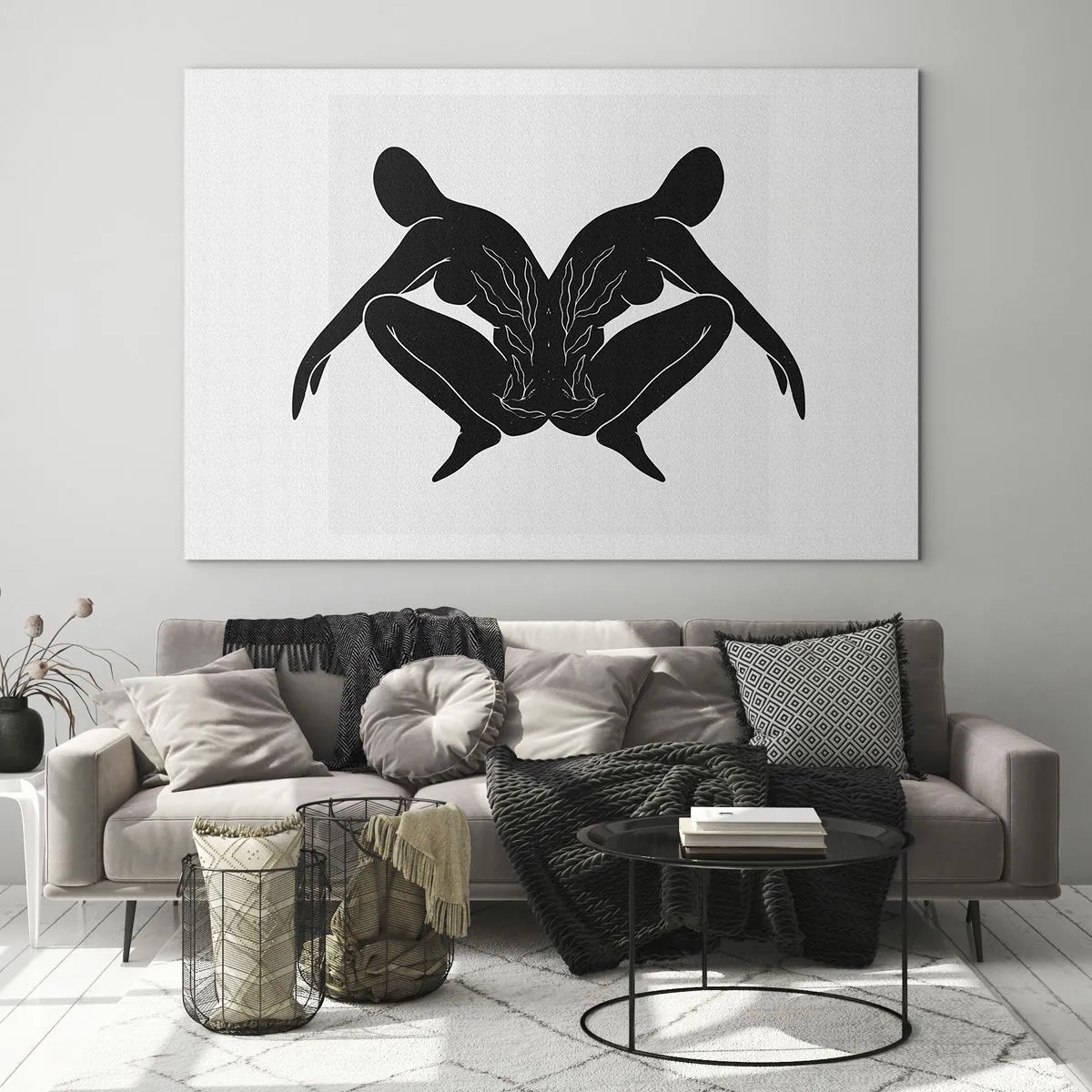 Glass picture - Black figures forming a symmetrical heart on a white background - 70x50cm - Mutual Soul - Modern wall decoration for the living room and bedroom ARTTOR