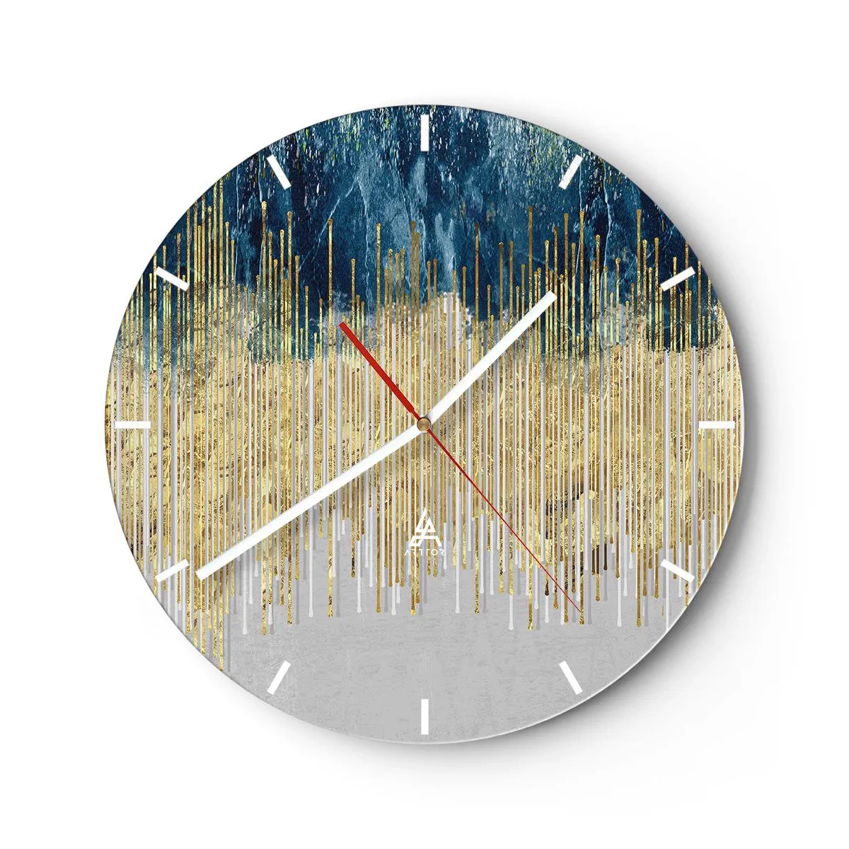 Wall clock - Clock on glass - Gold vertical lines transitioning into navy and gray gradients - 30x30cm - Glided Border - Modern wall decoration for the living room, kitchen, and bedroom ARTTOR