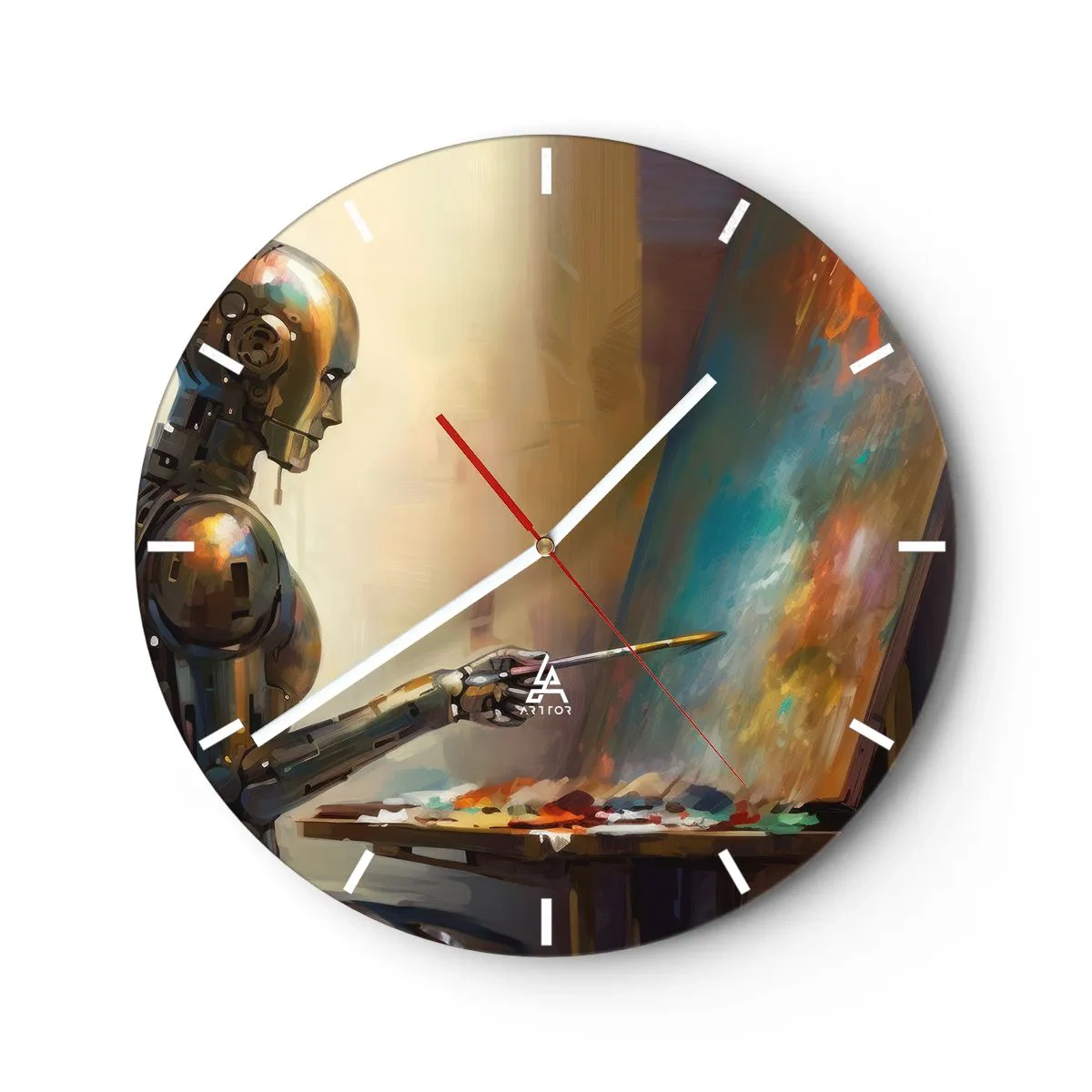 Wall clock - Clock on glass - A robot painting a picture on an easel - 30x30cm - Art of the Future - Modern wall decoration for the living room, kitchen, and bedroom ARTTOR