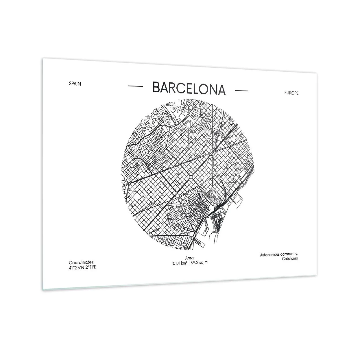 Glass picture - A minimalist map of Barcelona in a black and white aesthetic - 70x50cm - Anatomy of Barcelona - Modern wall decoration for the living room and bedroom ARTTOR