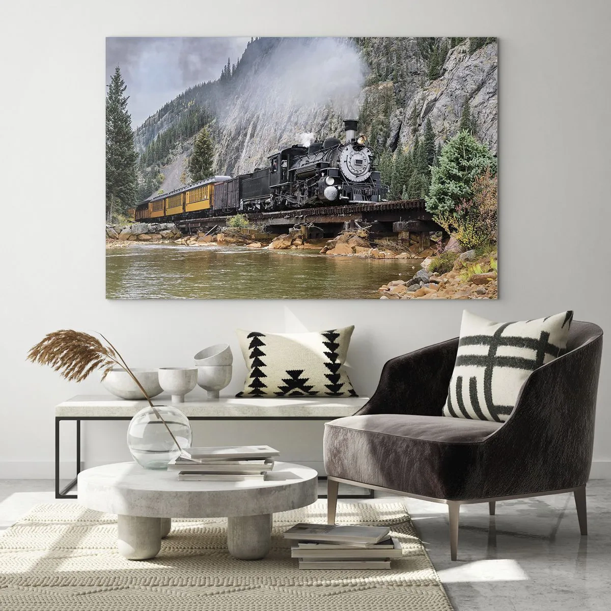 Glass picture - A steam locomotive on a bridge in the mountains - 70x50cm - Where Are You off to? - Modern wall decoration for the living room and bedroom ARTTOR