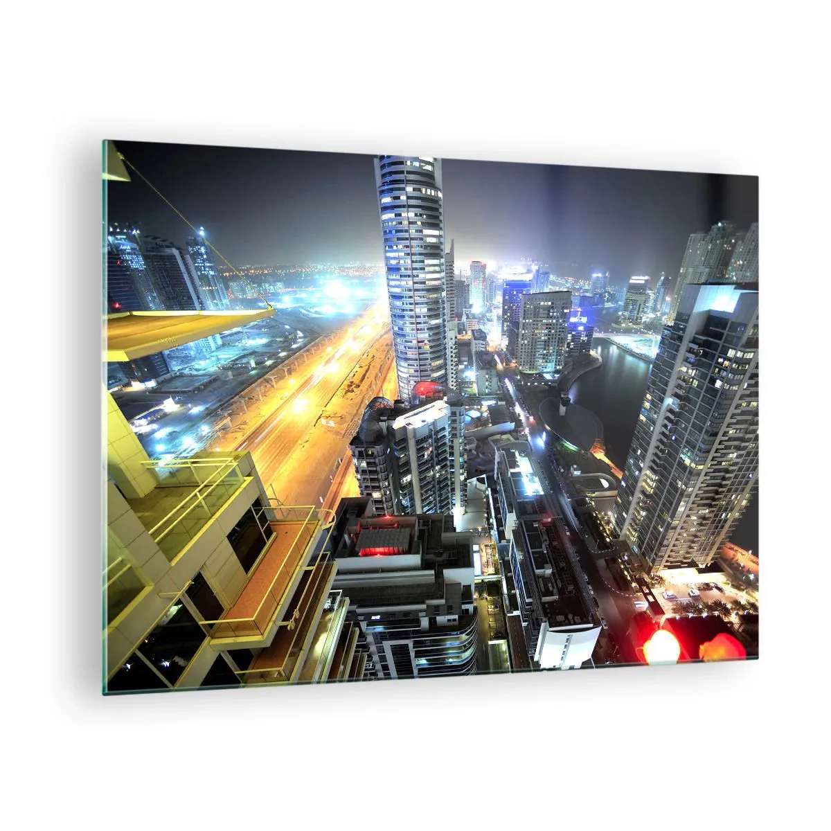 Glass picture - Panorama of the night city with illuminated skyscrapers - 70x50cm - Miracle in the Desert - Modern wall decoration for the living room and bedroom ARTTOR