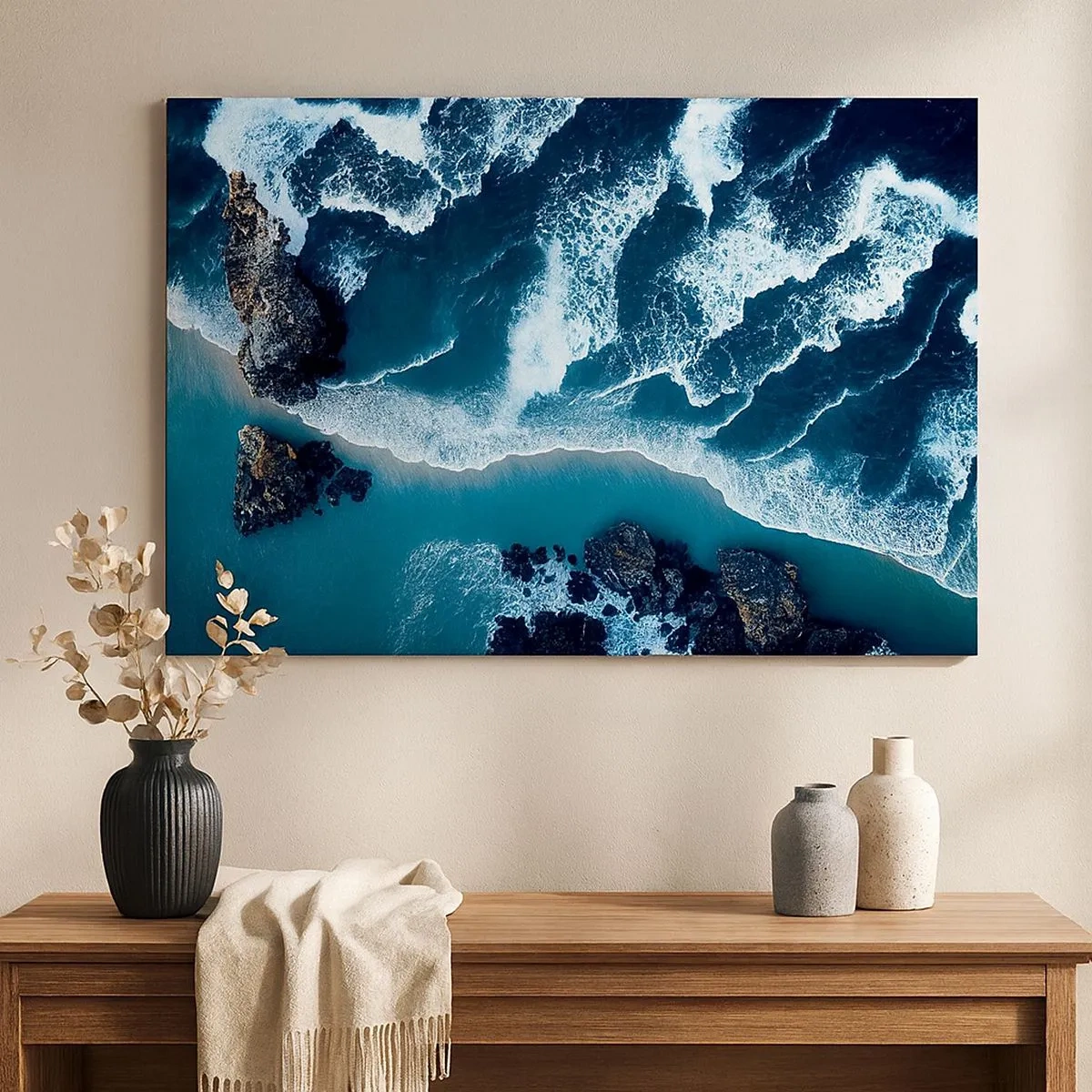 Canvas picture - Aerial view of waves crashing on the shore - 70x50cm - Envelopped by Waves - Modern wall decoration for the living room and bedroom ARTTOR