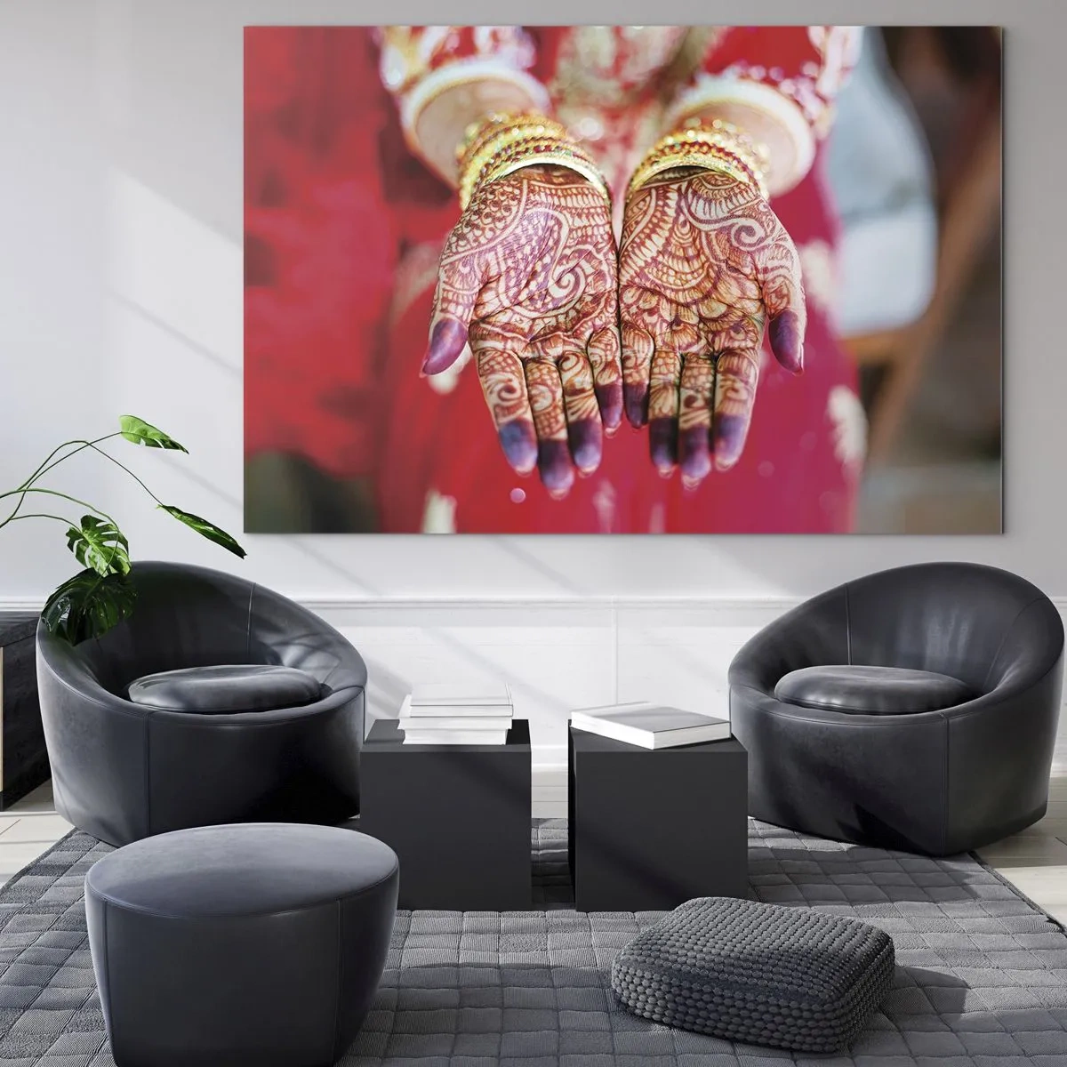 Glass picture - Hennaed hands in traditional attire against a red background - 70x50cm - Readt to Catch Happiness - Modern wall decoration for the living room and bedroom ARTTOR