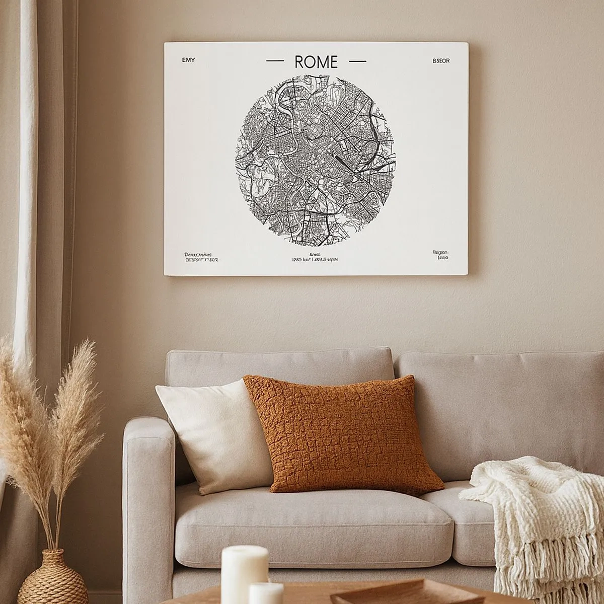 Canvas picture - A map of Rome in a minimalist, black and white style - 70x50cm - Anatomy of Rome - Modern wall decoration for the living room and bedroom ARTTOR