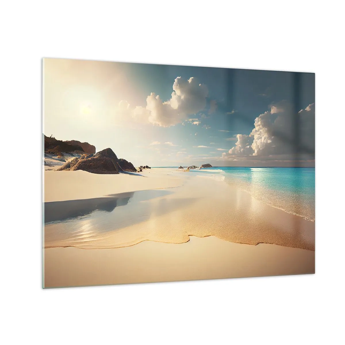 Glass picture - Golden beach and turquoise sea in the light of the morning sun - 70x50cm - Dream Day - Modern wall decoration for the living room and bedroom ARTTOR