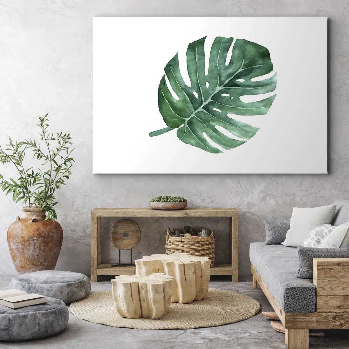 Canvas picture - Green monstera leaf in a minimalist style - 70x50cm - Green Concept - Modern wall decoration for the living room and bedroom ARTTOR