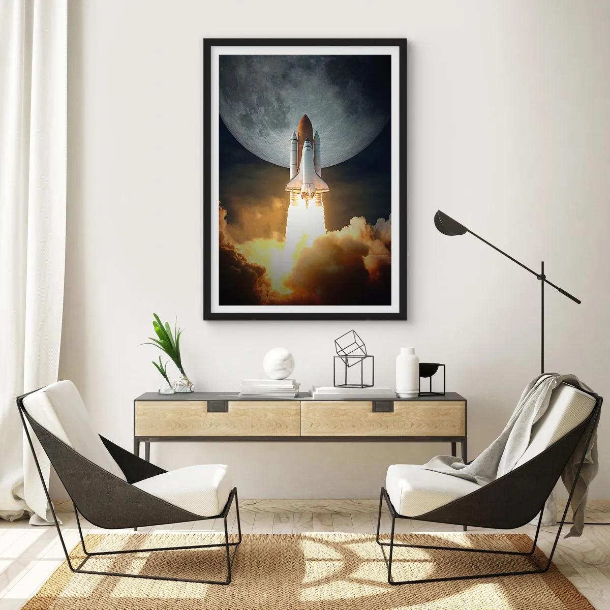 Poster in black frame - Space Shuttle Launch with the Moon in the Background - 50x70cm - Beginning of Unearthly Adventure - Modern wall decoration for the living room and bedroom ARTTOR