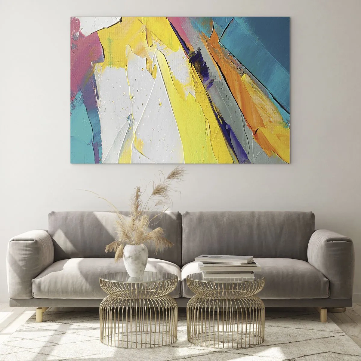 Glass picture - Abstract brushstrokes in yellow, blue, and white - 70x50cm - Anatomy of Light - Modern wall decoration for the living room and bedroom ARTTOR