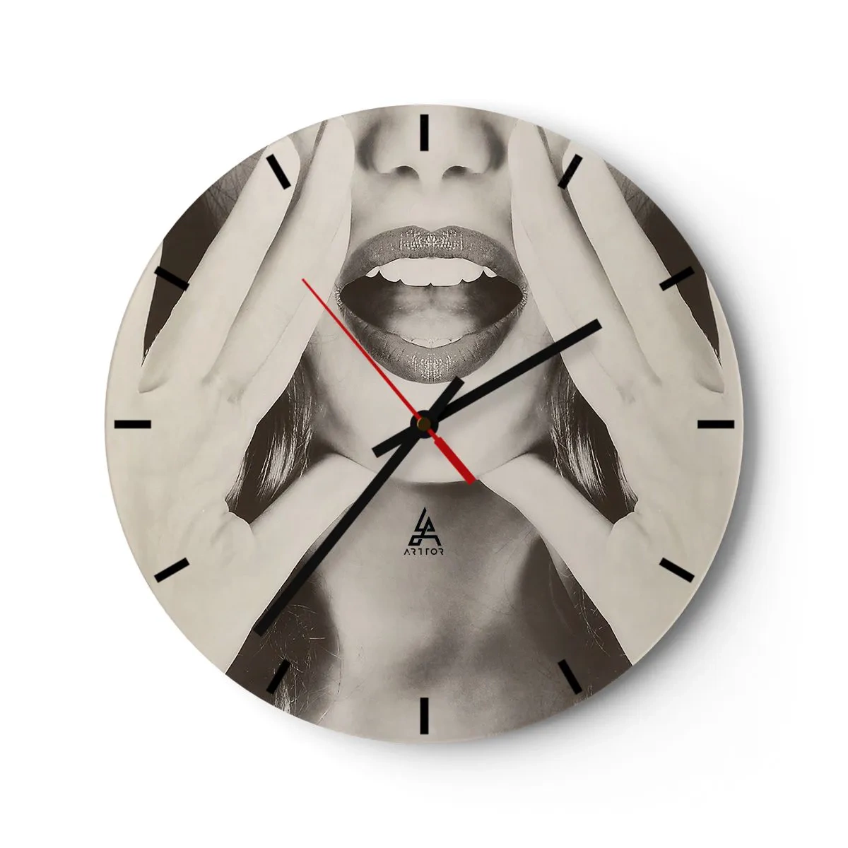 Wall clock - Clock on glass - Artistic sepia shot of a woman's mouth and hands - 30x30cm - Coming! - Modern wall decoration for the living room, kitchen, and bedroom ARTTOR