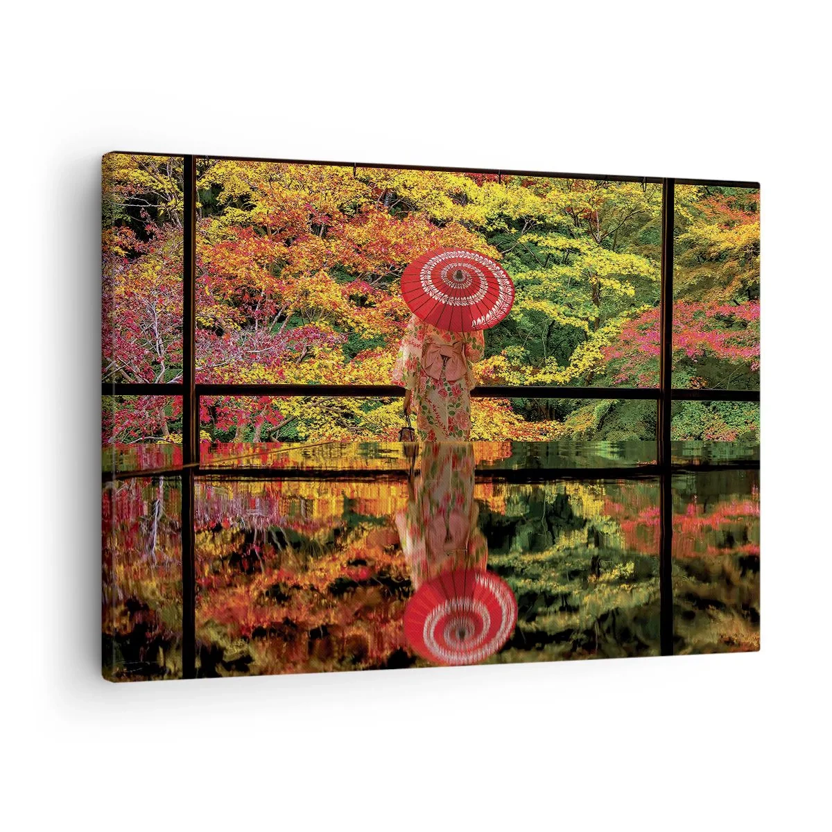 Canvas picture - A woman in a kimono with an umbrella against the backdrop of an autumn landscape. - 70x50cm - In a Temple of Nature - Modern wall decoration for the living room and bedroom ARTTOR