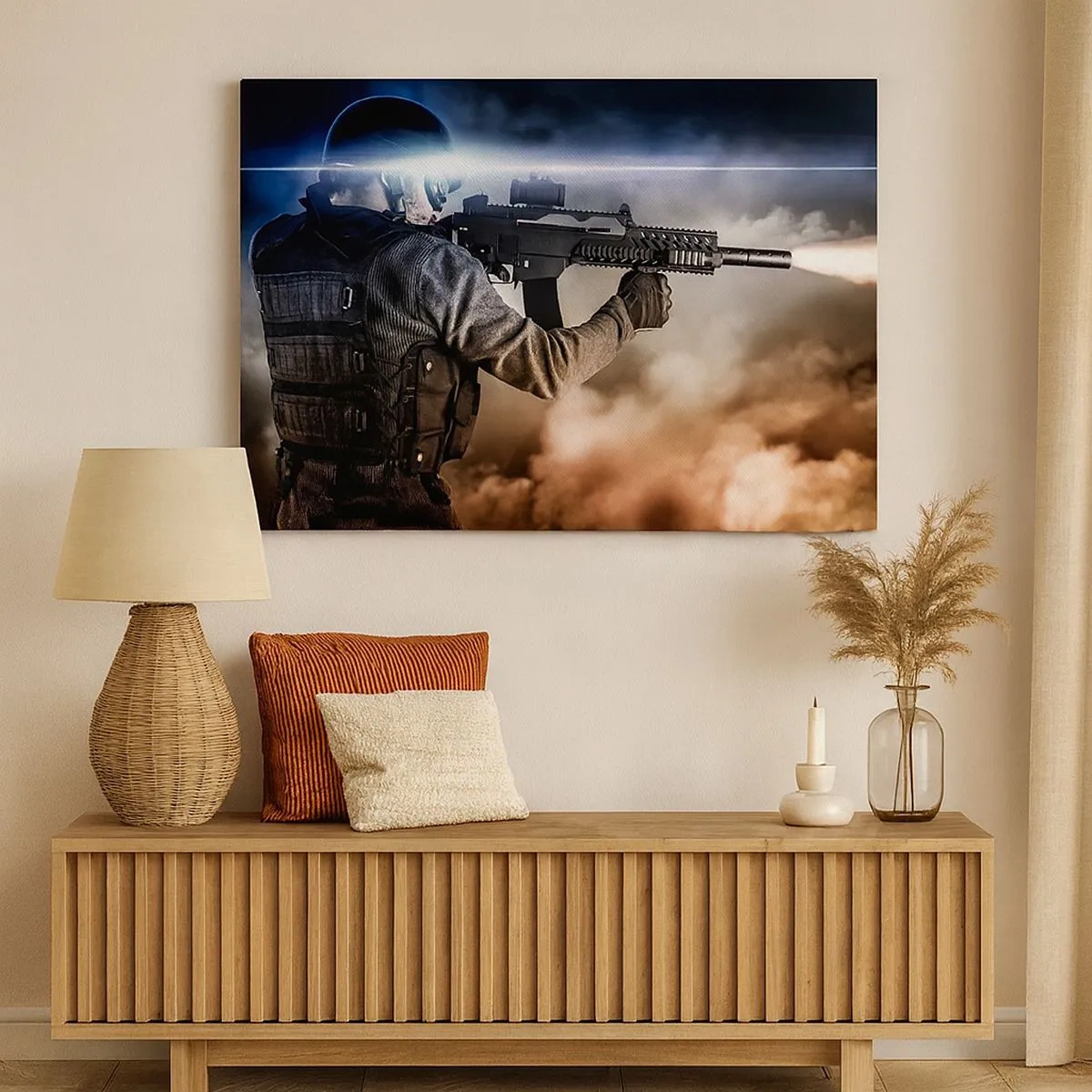 Canvas picture - A soldier in action with a rifle against a background of clouds and light. - 70x50cm - Simply a Hero - Modern wall decoration for the living room and bedroom ARTTOR