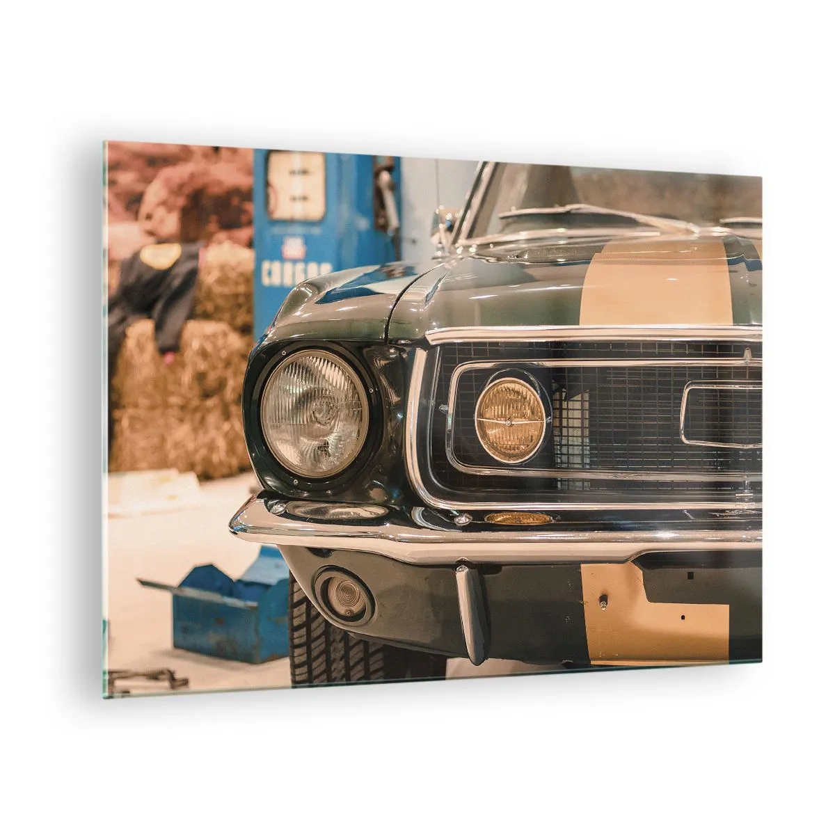 Glass picture - Close-up view of a classic car, Mustang, in a workshop - 70x50cm - Encounter with the Legend - Modern wall decoration for the living room and bedroom ARTTOR