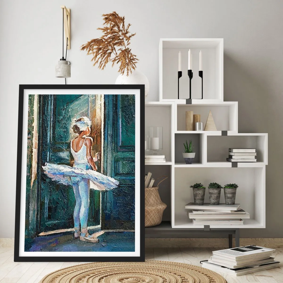 Poster in black frame - Ballerina in the light of a door in an impressionist style - 50x70cm - Before the Stunt - Modern wall decoration for the living room and bedroom ARTTOR