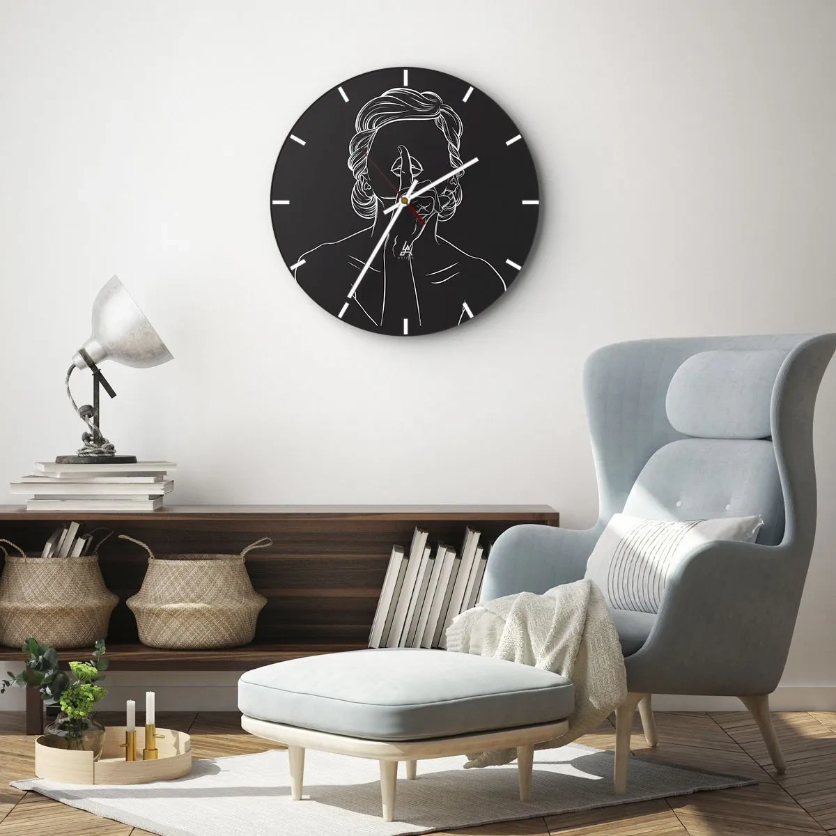 Wall clock - Clock on glass - A white outline of a woman with her finger to her mouth on a black background. - 30x30cm - Beauty Blossoms in Soul - Modern wall decoration for the living room, kitchen, and bedroom ARTTOR