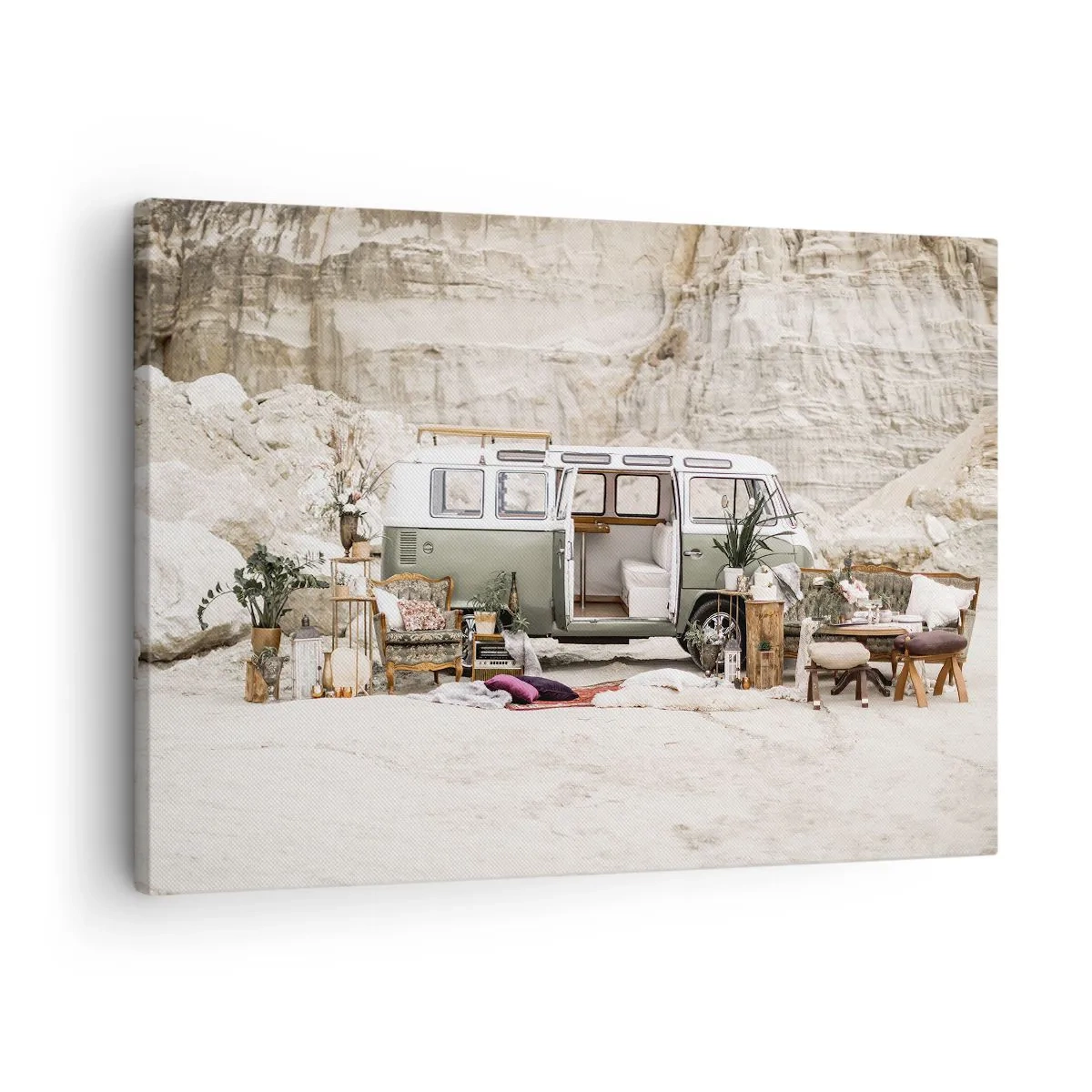 Canvas picture - A retro camper with a boho design against a rocky landscape. - 70x50cm - Time to Start the Trip - Modern wall decoration for the living room and bedroom ARTTOR