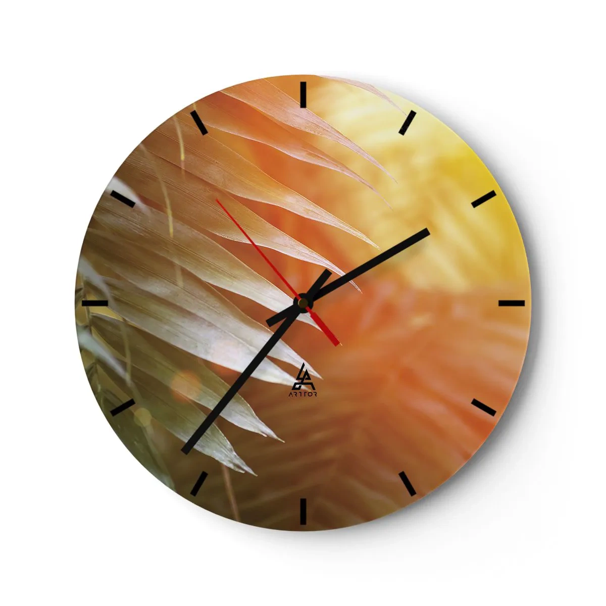 Wall clock - Clock on glass - A close-up of palm leaves in warm shades of orange. - 30x30cm - Morning in the Jungle - Modern wall decoration for the living room, kitchen, and bedroom ARTTOR