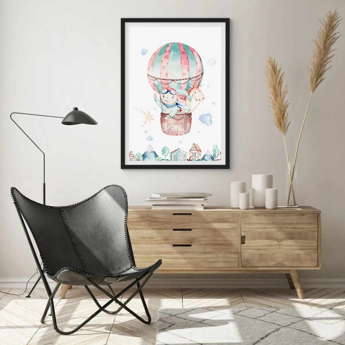 Poster in black frame - cute illustration of a teddy bear flying in a balloon over a town - 50x70cm - We Will Be Back Soon! - Modern wall decoration for the living room and bedroom ARTTOR