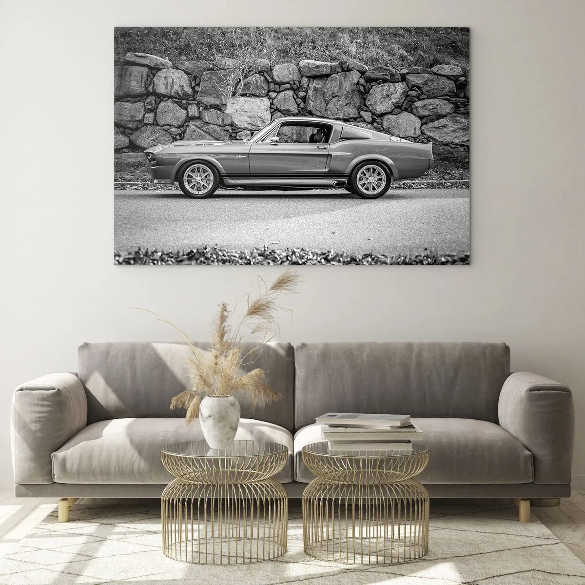 Glass picture - A classic car against a stone wall - 70x50cm - Legend of the 60-ies - Modern wall decoration for the living room and bedroom ARTTOR