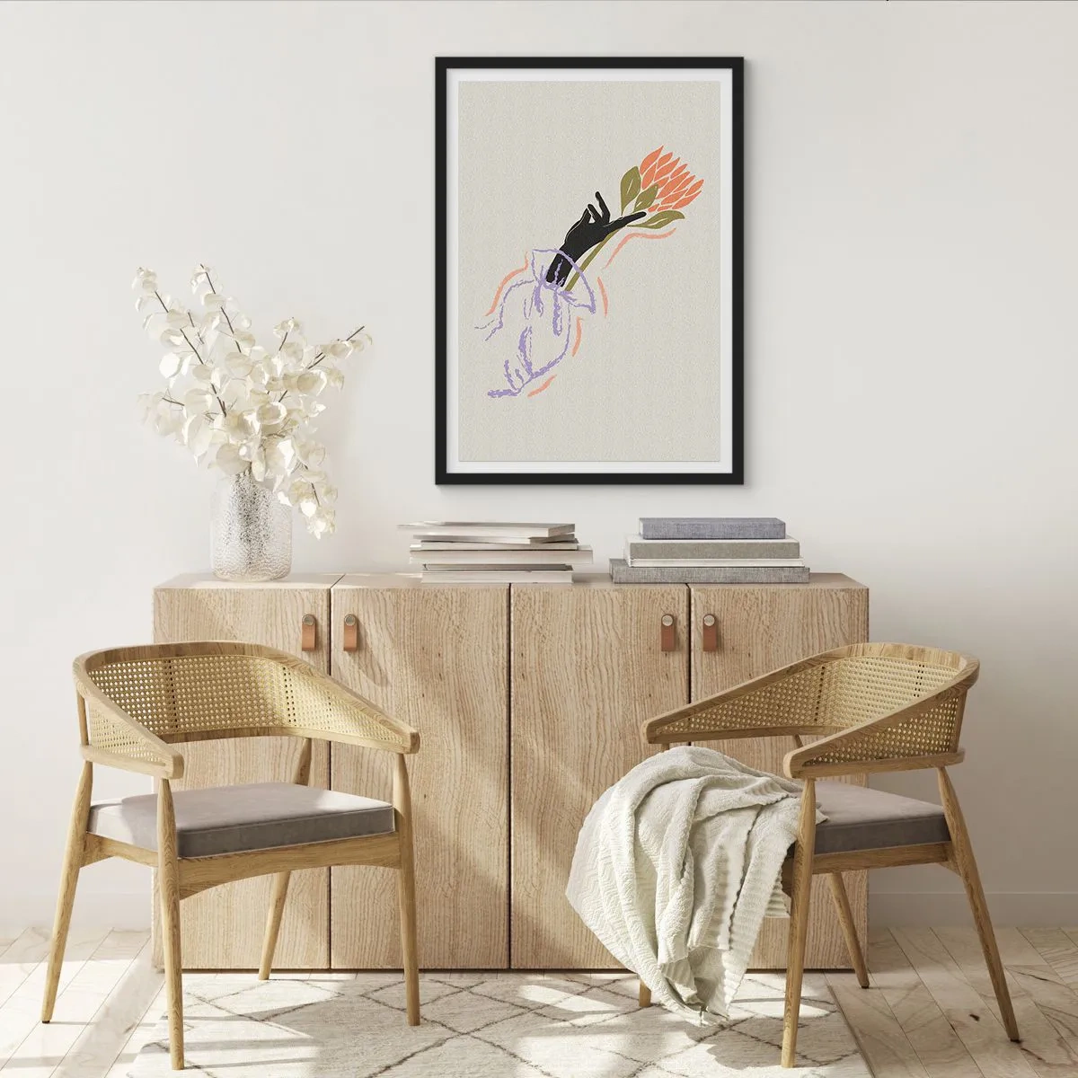 Poster in black frame - Abstract drawing of a hand holding a bouquet of flowers - 50x70cm - Sister Touch - Modern wall decoration for the living room and bedroom ARTTOR