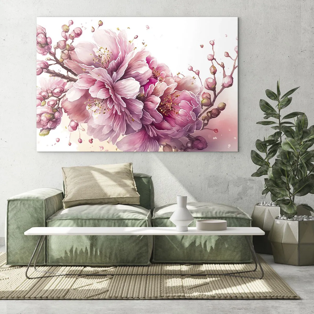 Glass picture - Pink cherry blossoms in full bloom against a light background - 70x50cm - Land of Cherry Blossoms - Modern wall decoration for the living room and bedroom ARTTOR