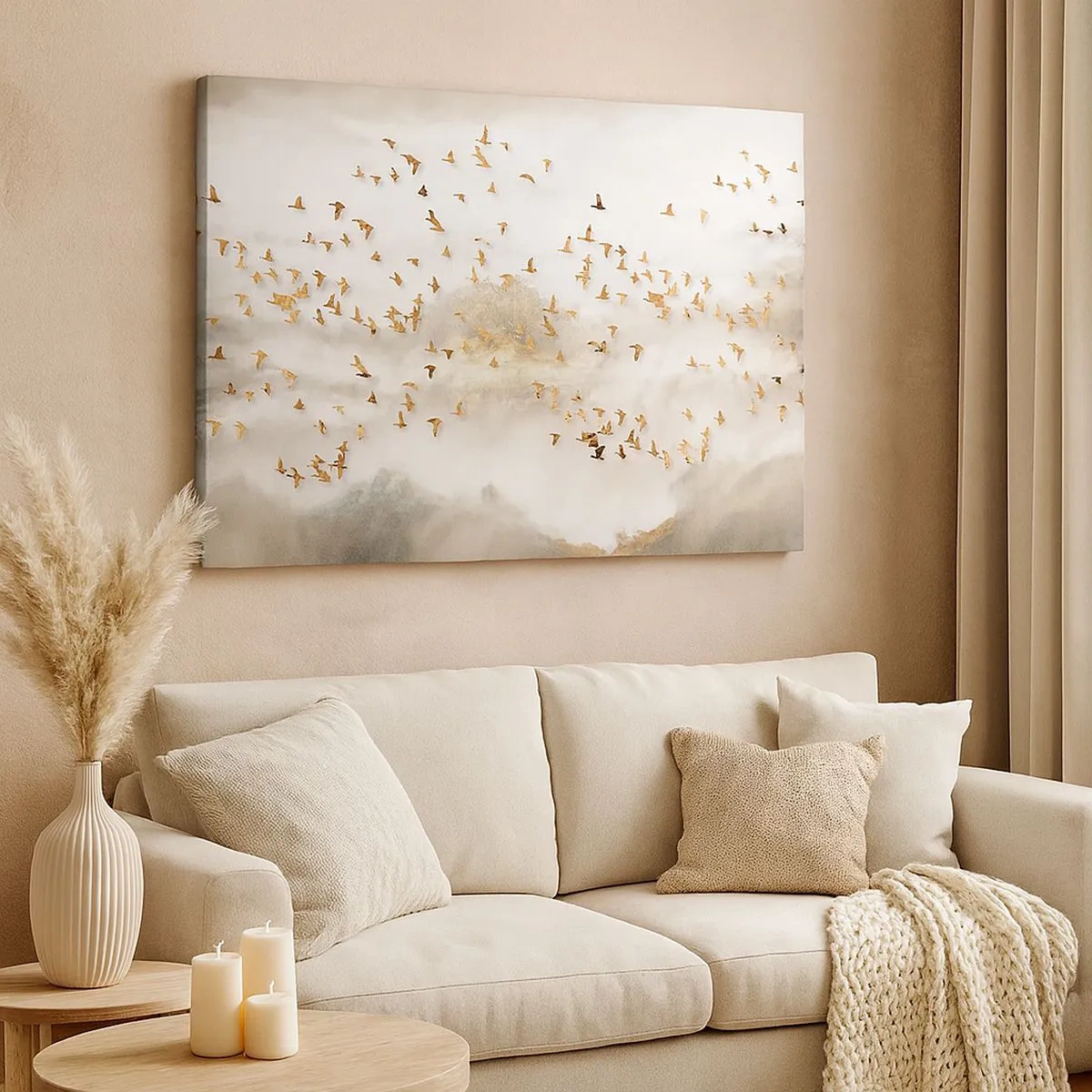 Canvas picture - Golden birds against the misty mountains - 70x50cm - It Is Time - Modern wall decoration for the living room and bedroom ARTTOR
