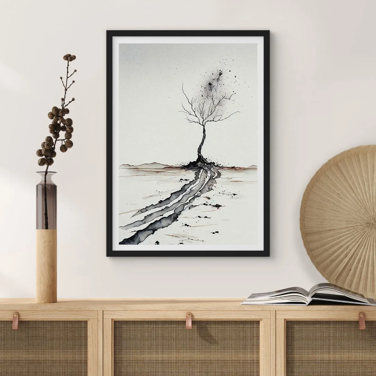 Poster in black frame - A minimalist tree with abstract roots - 50x70cm - Winter Melancholy - Modern wall decoration for the living room and bedroom ARTTOR