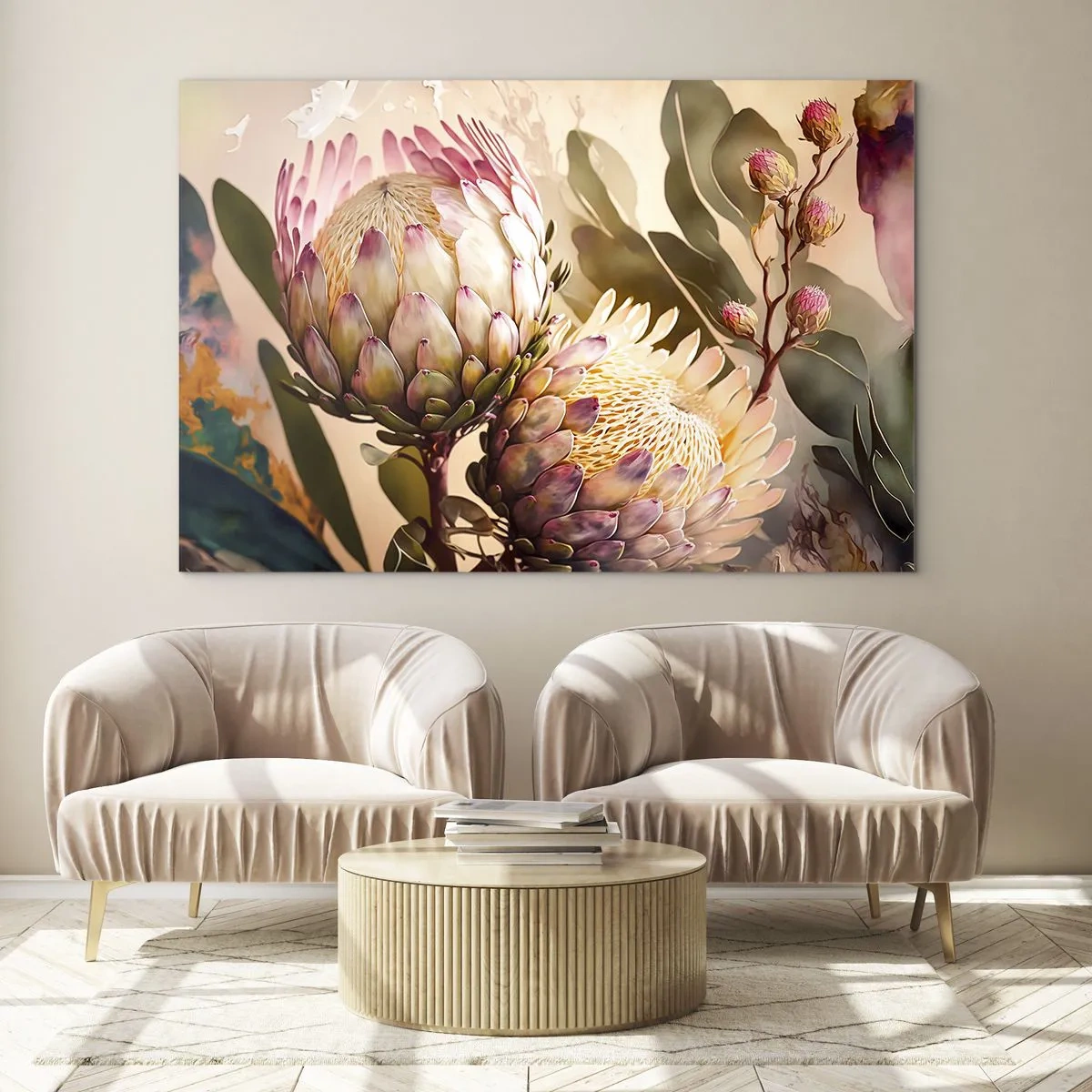 Glass picture - Protea flowers in warm tones and soft light - 70x50cm - Tender Caress - Modern wall decoration for the living room and bedroom ARTTOR
