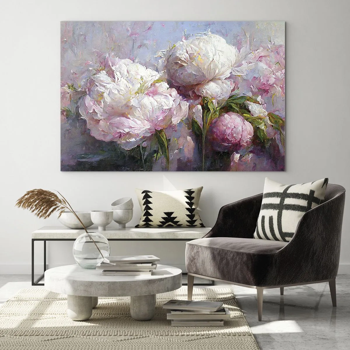 Glass picture - Oil painting of blooming white and pink peonies - 70x50cm - Bouquet Bubbling with Life - Modern wall decoration for the living room and bedroom ARTTOR