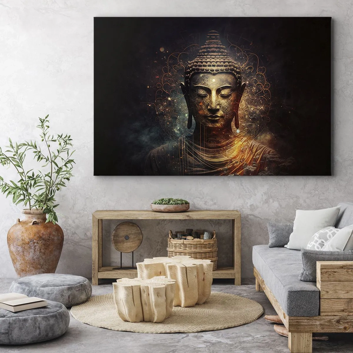 Canvas picture - Golden Buddha on a dark background with ornaments - 70x50cm - Spiritual Balance - Modern wall decoration for the living room and bedroom ARTTOR