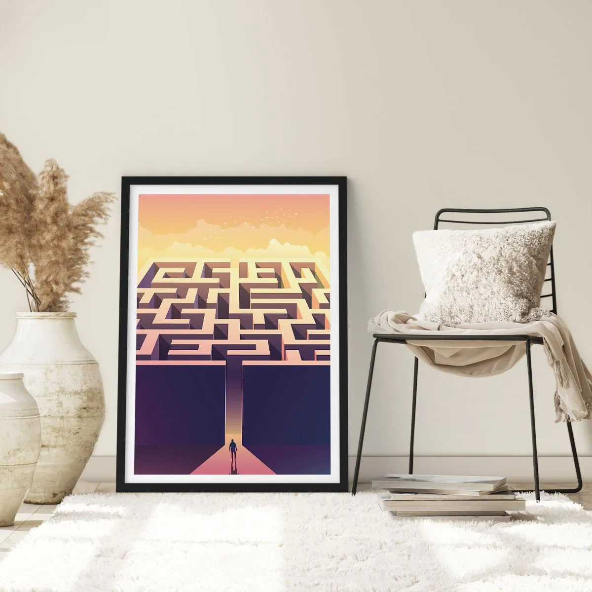 Poster in black frame - A symbolic labyrinth in golden light - 50x70cm - Decision Time - Modern wall decoration for the living room and bedroom ARTTOR