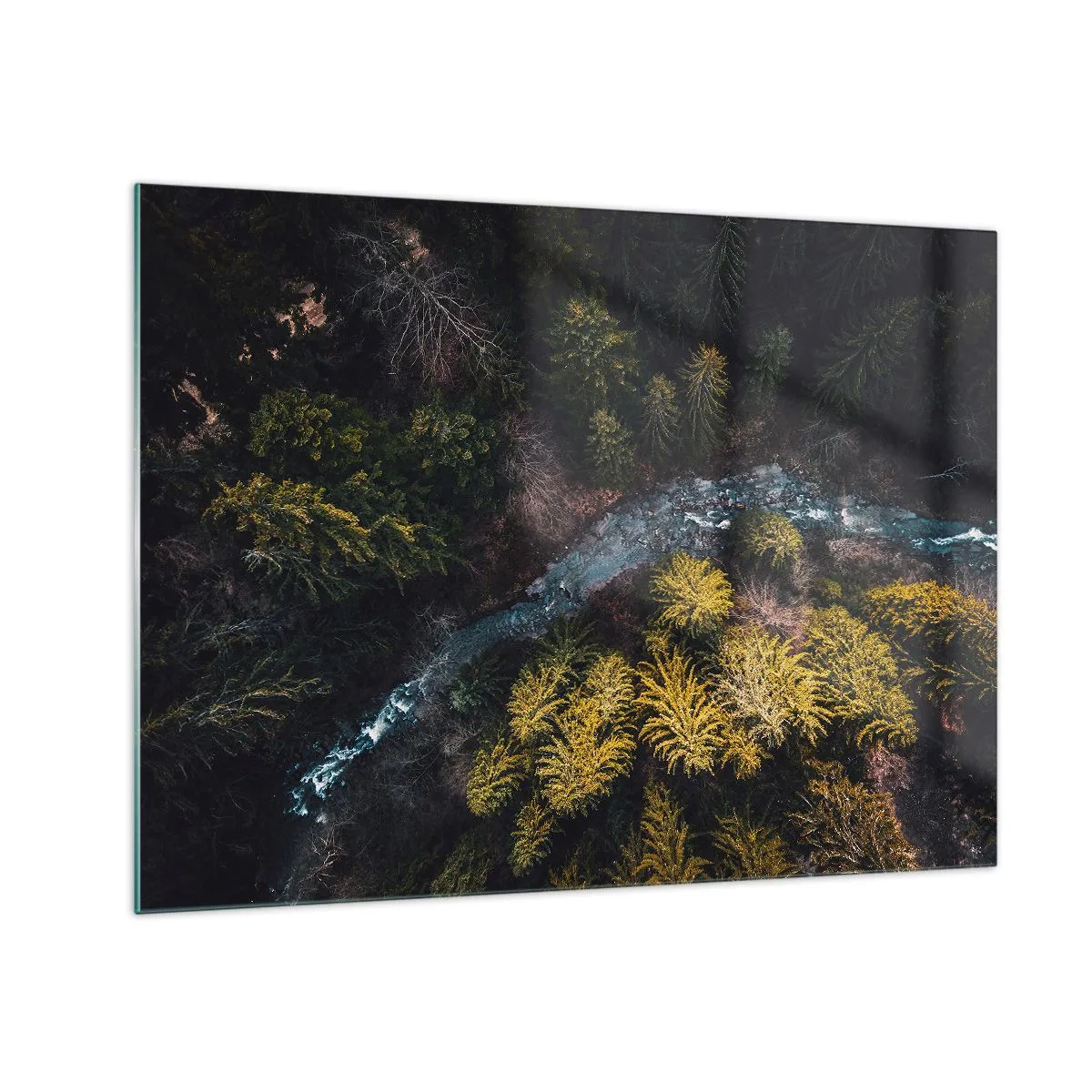 Glass picture - A bird's eye view of a forest landscape with a winding stream - 70x50cm - Fast and Faster - Modern wall decoration for the living room and bedroom ARTTOR