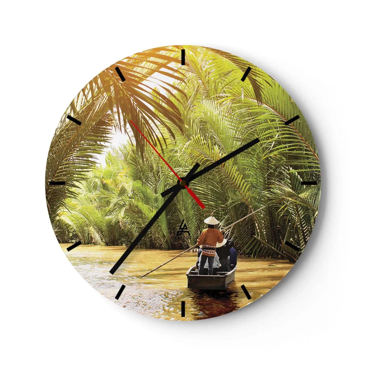 Wall clock - Clock on glass - People on a boat sailing through a dense palm forest - 30x30cm - Through a Palm Ravine - Modern wall decoration for the living room, kitchen, and bedroom ARTTOR