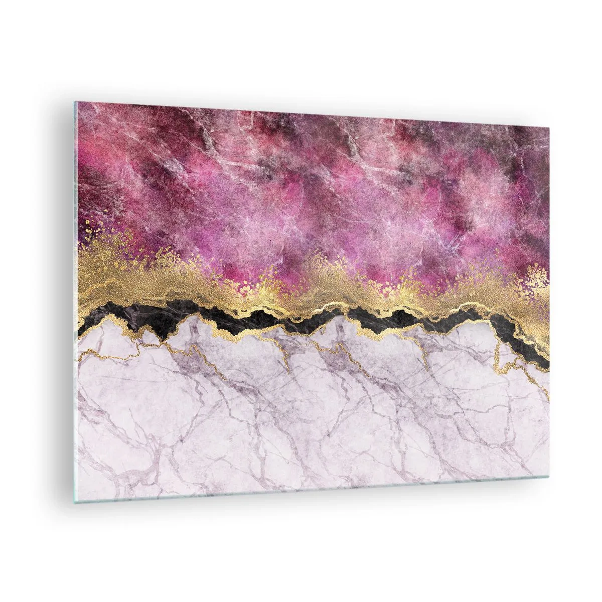 Glass picture - Abstract marble composition with gold and purple accents - 70x50cm - On the Border - Modern wall decoration for the living room and bedroom ARTTOR