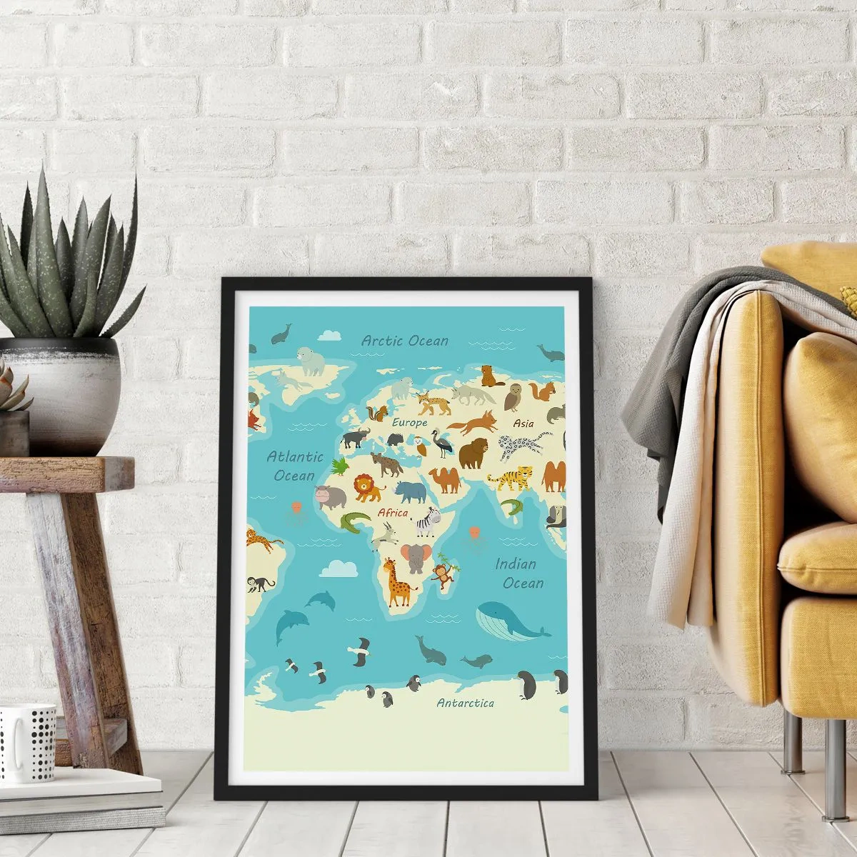 Poster in black frame - A world map with illustrations of animals in different regions - 50x70cm - Good Neighbours - Modern wall decoration for the living room and bedroom ARTTOR