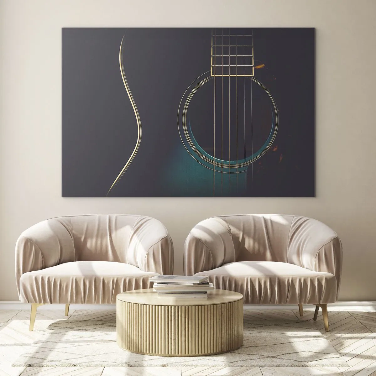 Glass picture - Close-up of a black acoustic guitar with string detail - 70x50cm - A Moment Before It Sounds - Modern wall decoration for the living room and bedroom ARTTOR