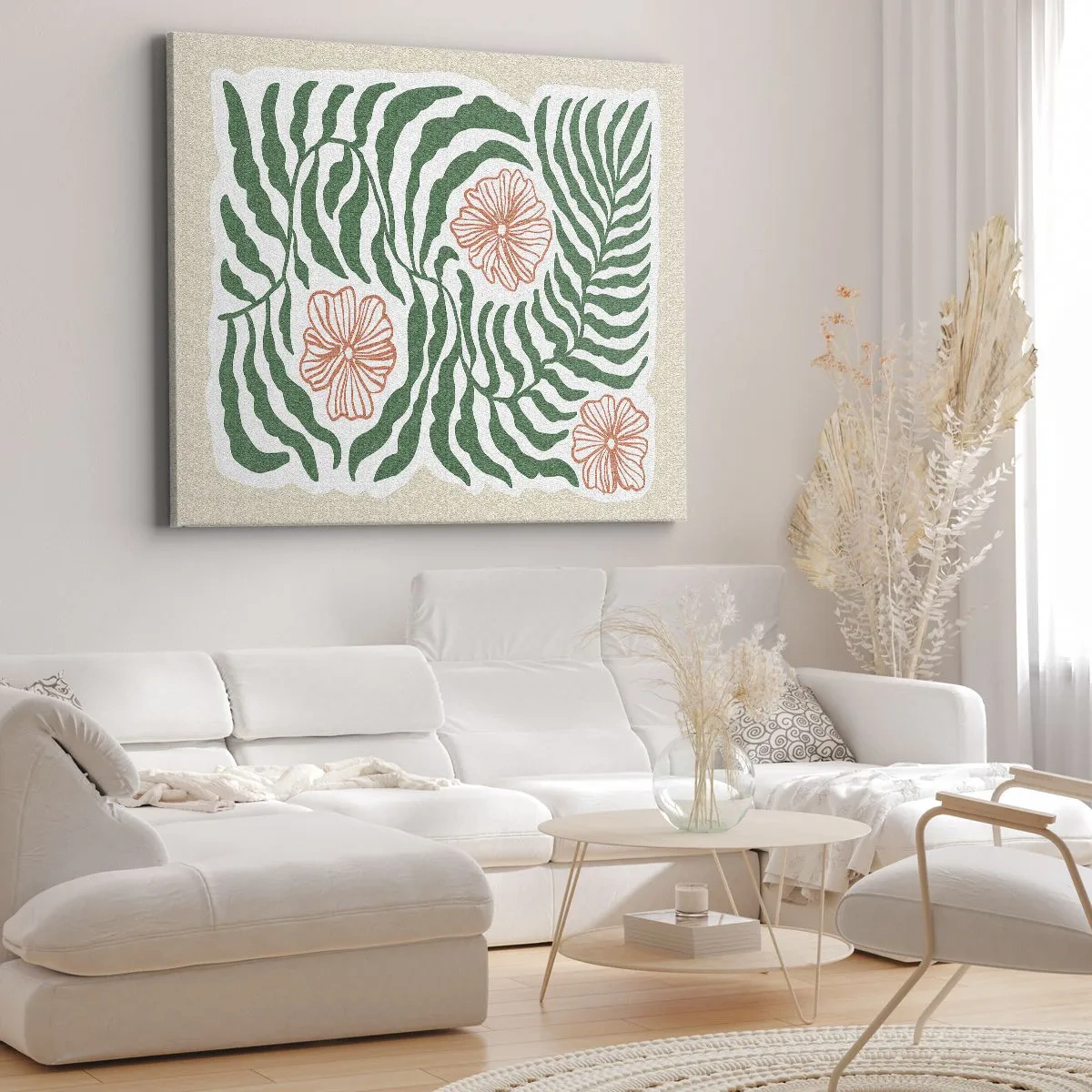 Canvas picture - A minimalist motif of green leaves with flowers in shades of orange. - 70x50cm - Blossoming in Green - Modern wall decoration for the living room and bedroom ARTTOR
