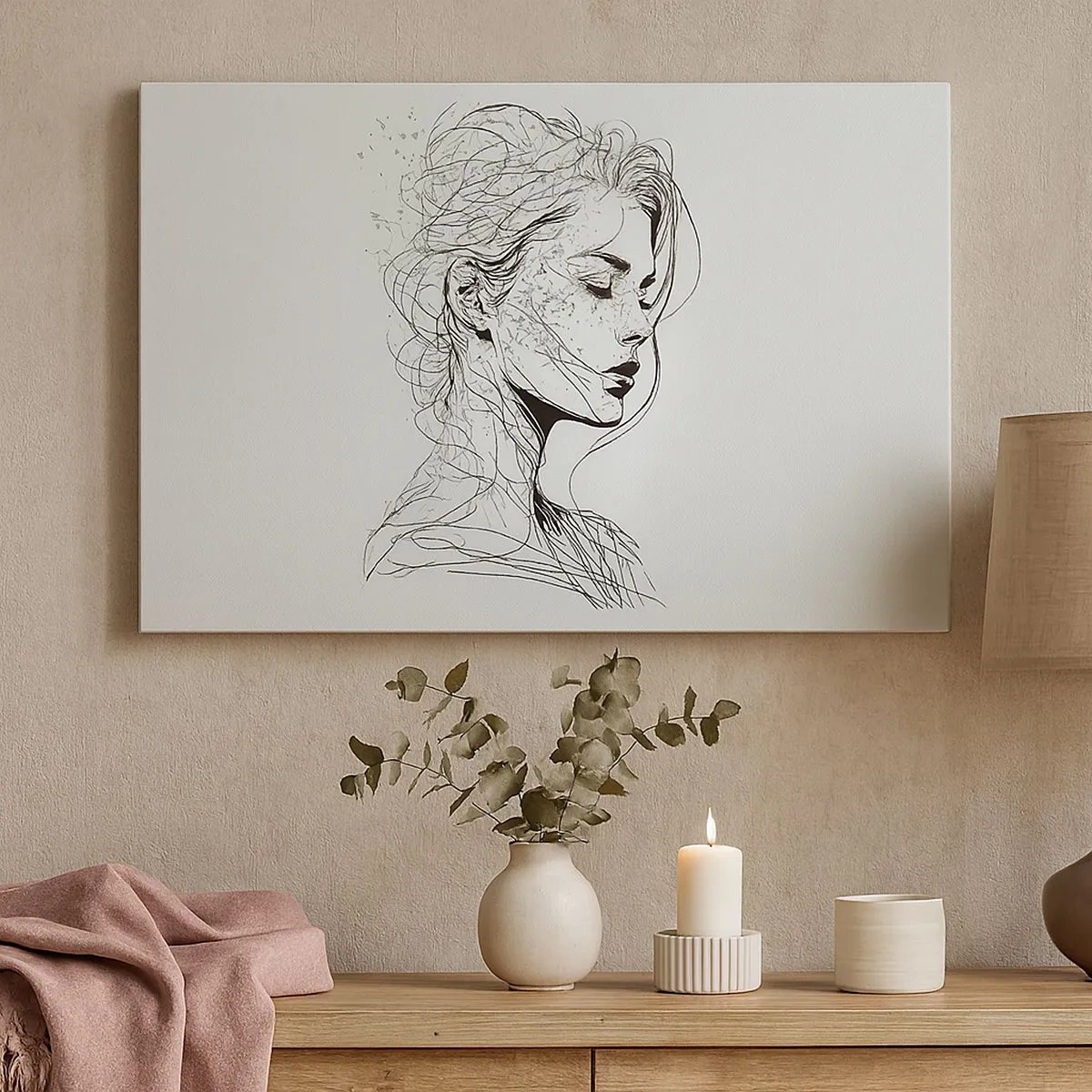 Canvas picture - A delicate portrait of a woman in a minimalist graphic style. - 70x50cm - Portrait in Thoughts - Modern wall decoration for the living room and bedroom ARTTOR