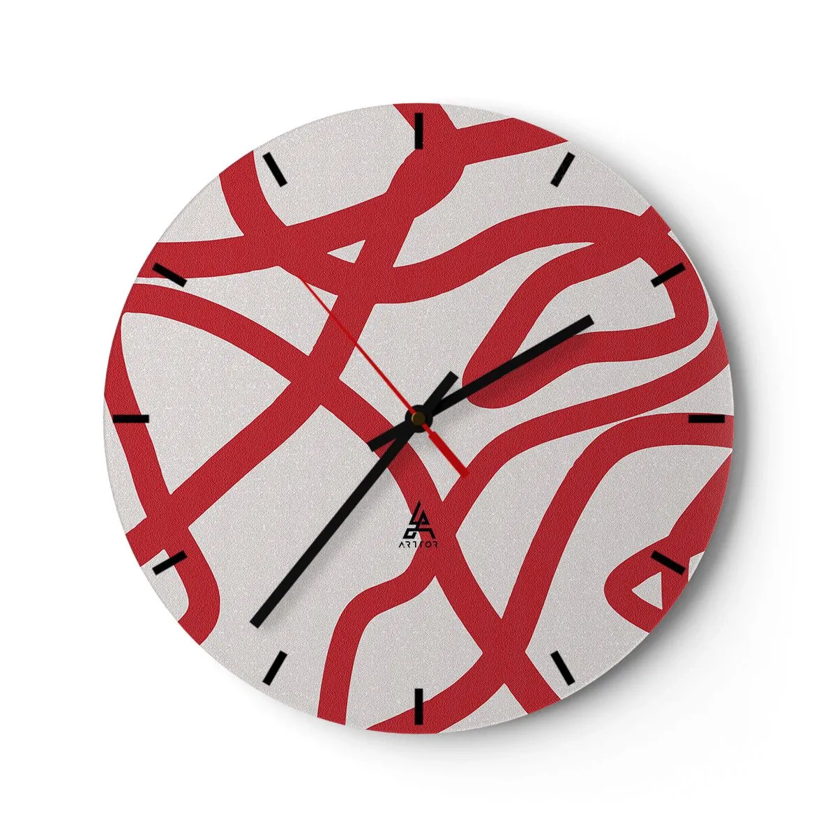 Wall clock - Clock on glass - Abstract red lines winding across a white background in a dynamic arrangement. - 30x30cm - Red on White - Modern wall decoration for the living room, kitchen, and bedroom ARTTOR