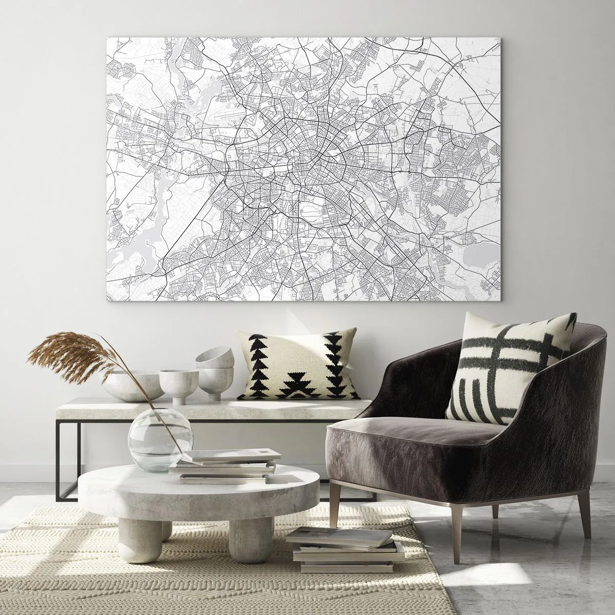 Glass picture - Black and white map of Berlin with a geometric street layout - 70x50cm - Flower of Berlin - Modern wall decoration for the living room and bedroom ARTTOR