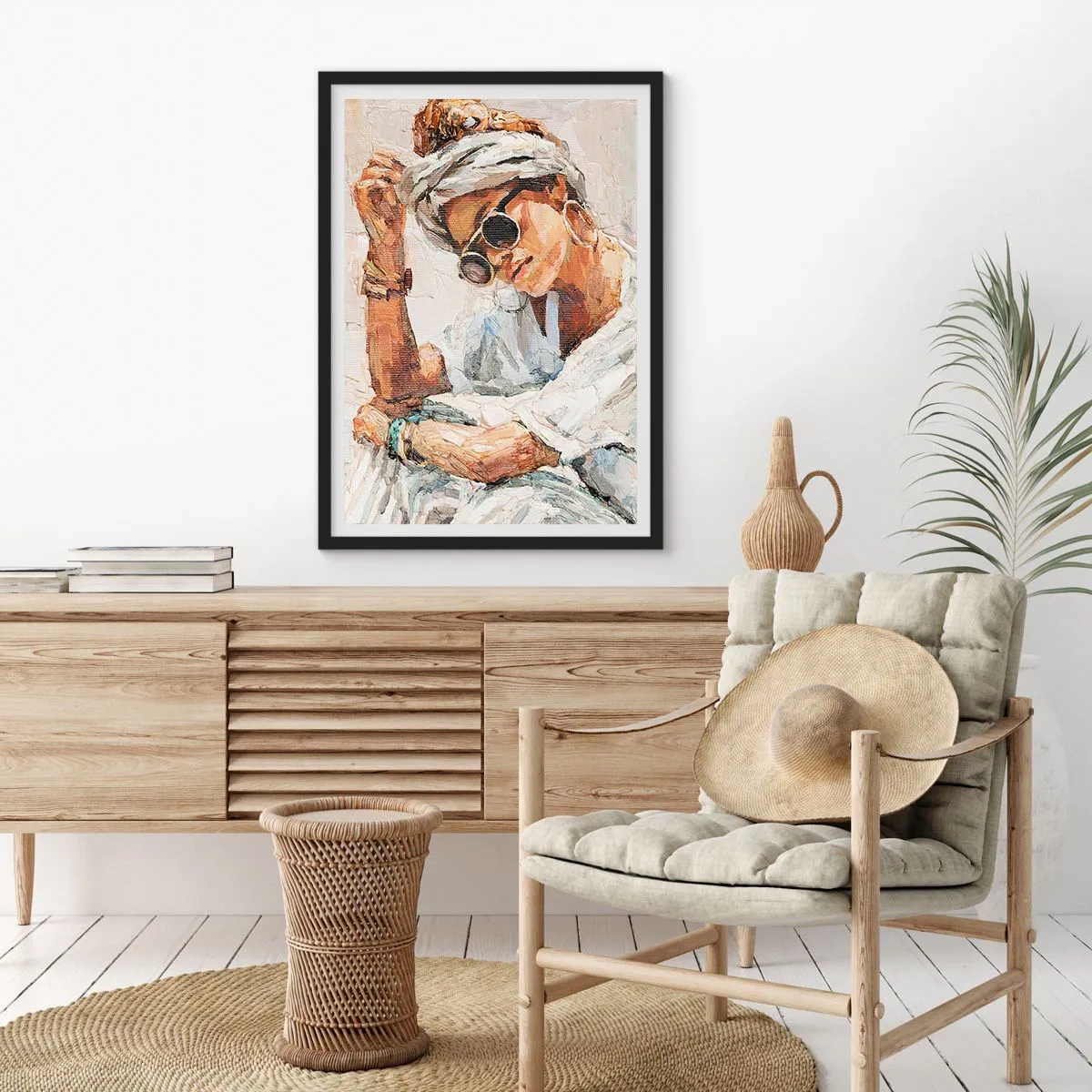 Poster in black frame - Portrait of a woman with glasses and a turban in the impressionist style - 50x70cm - Portrait in Full Sun - Modern wall decoration for the living room and bedroom ARTTOR