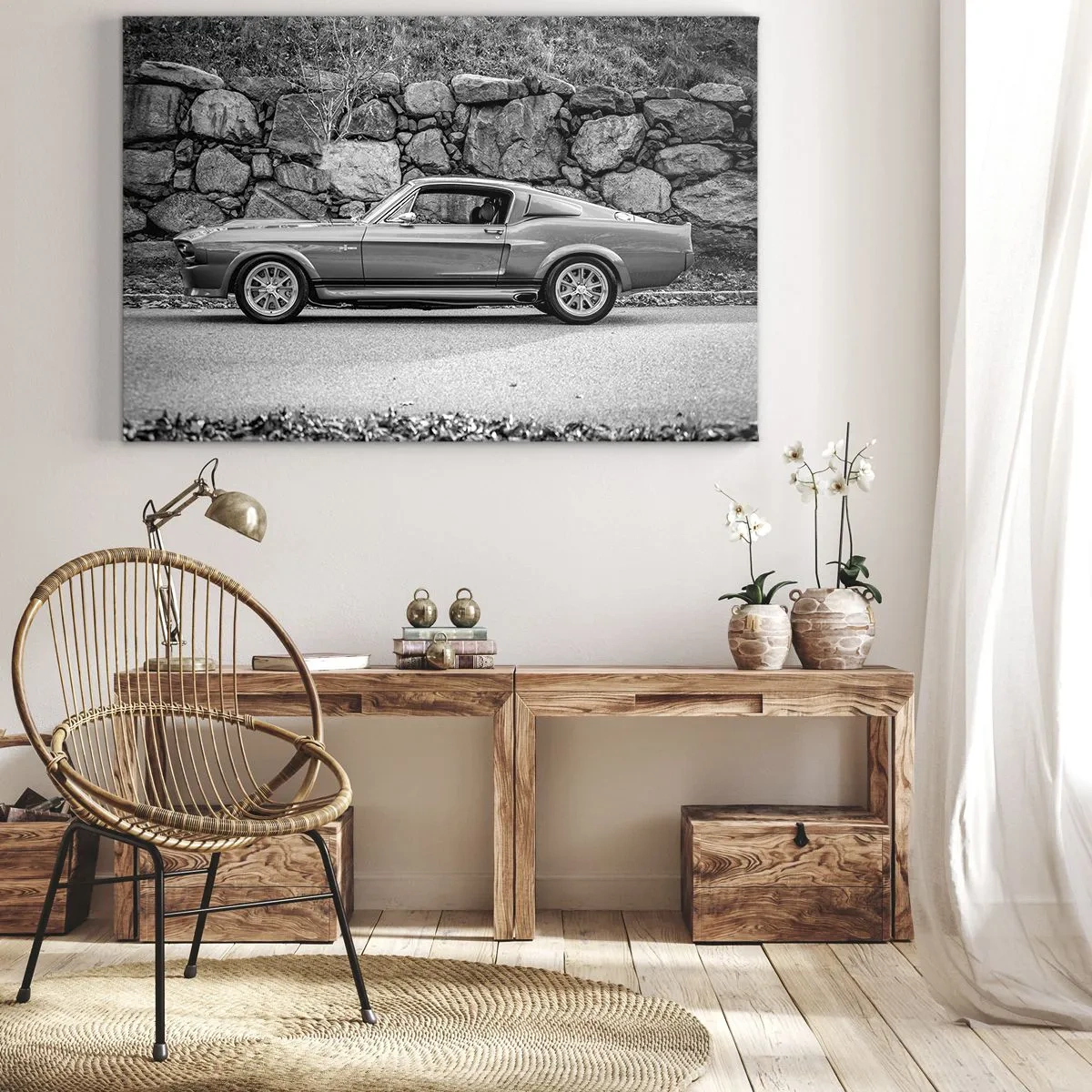 Canvas picture - Black and white photo of a classic car - 70x50cm - Legend of the 60-ies - Modern wall decoration for the living room and bedroom ARTTOR