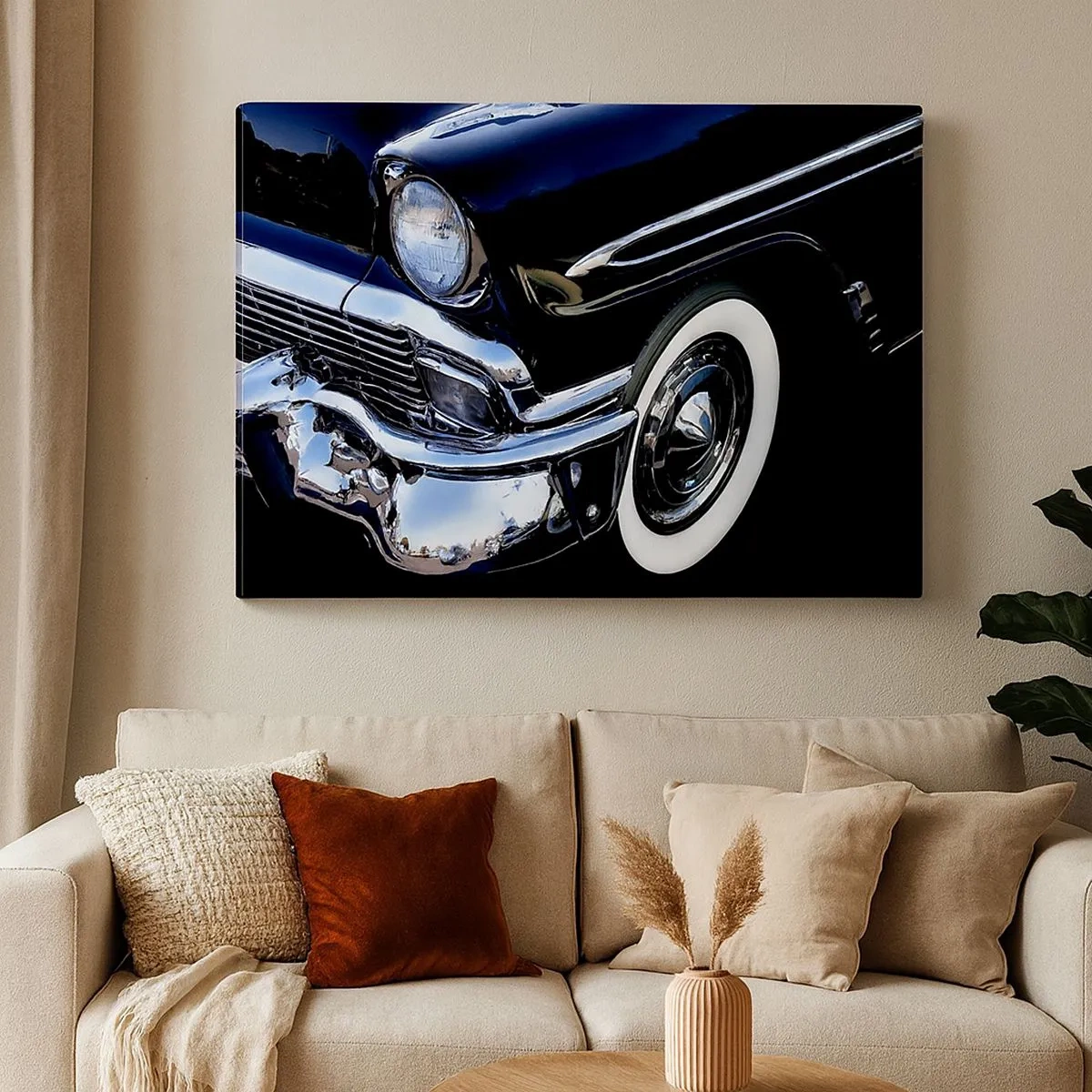Canvas picture - Black classic car close-up of headlight and fender - 70x50cm - Classics in Silver, Black and White - Modern wall decoration for the living room and bedroom ARTTOR