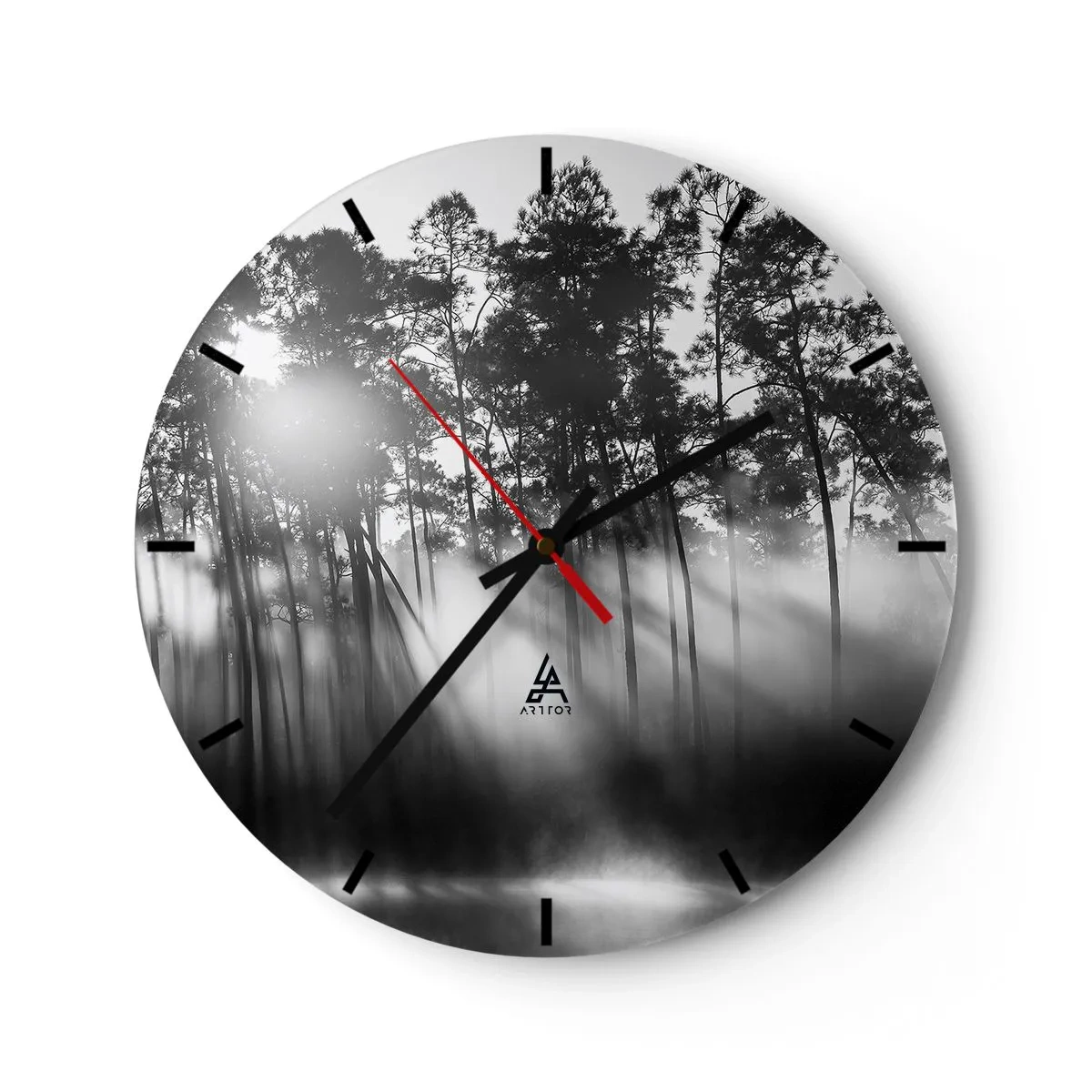 Wall clock - Clock on glass - A black and white photograph of a forest shrouded in fog at sunrise. - 30x30cm - Unstoppable Sun - Modern wall decoration for the living room, kitchen, and bedroom ARTTOR