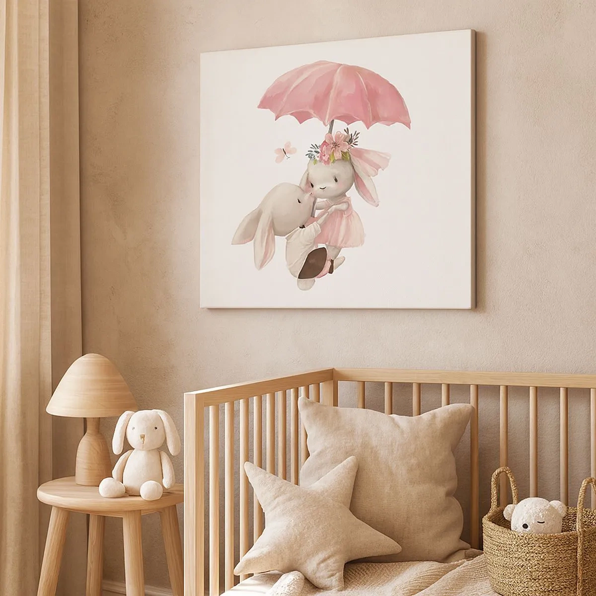 Canvas picture - Cute bunnies under a pink umbrella - 70x50cm - This Is Love - Modern wall decoration for the living room and bedroom ARTTOR