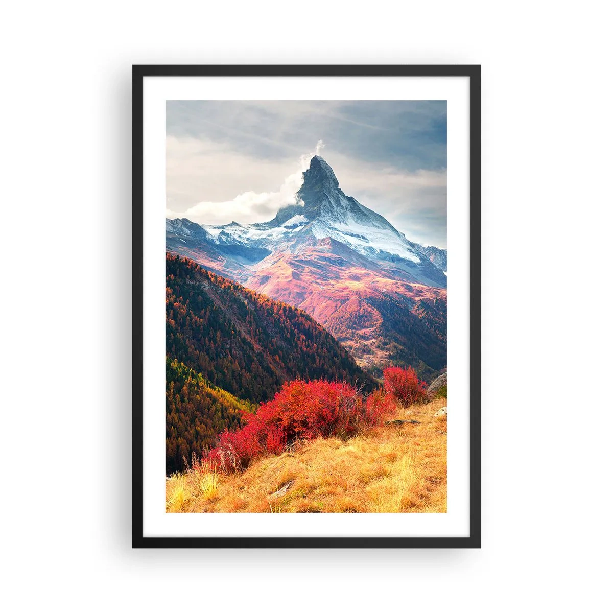 Poster in black frame - Autumn mountain landscape with a snow-capped peak - 50x70cm - Alpine Autumn - Modern wall decoration for the living room and bedroom ARTTOR